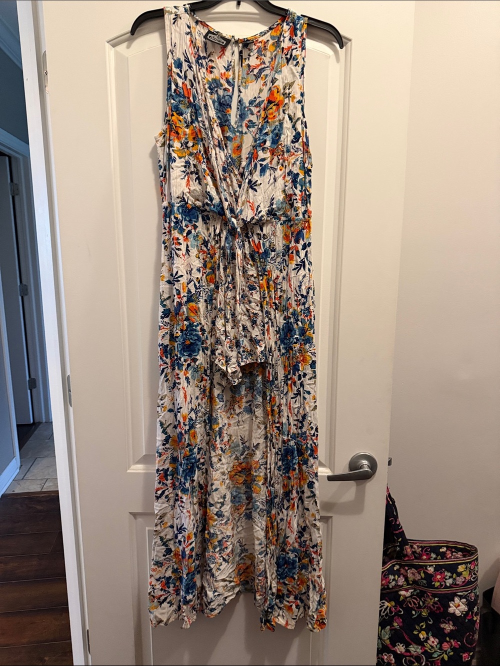 Angie White Floral High-Low Maxi Dress with Blue and Orange Blooms